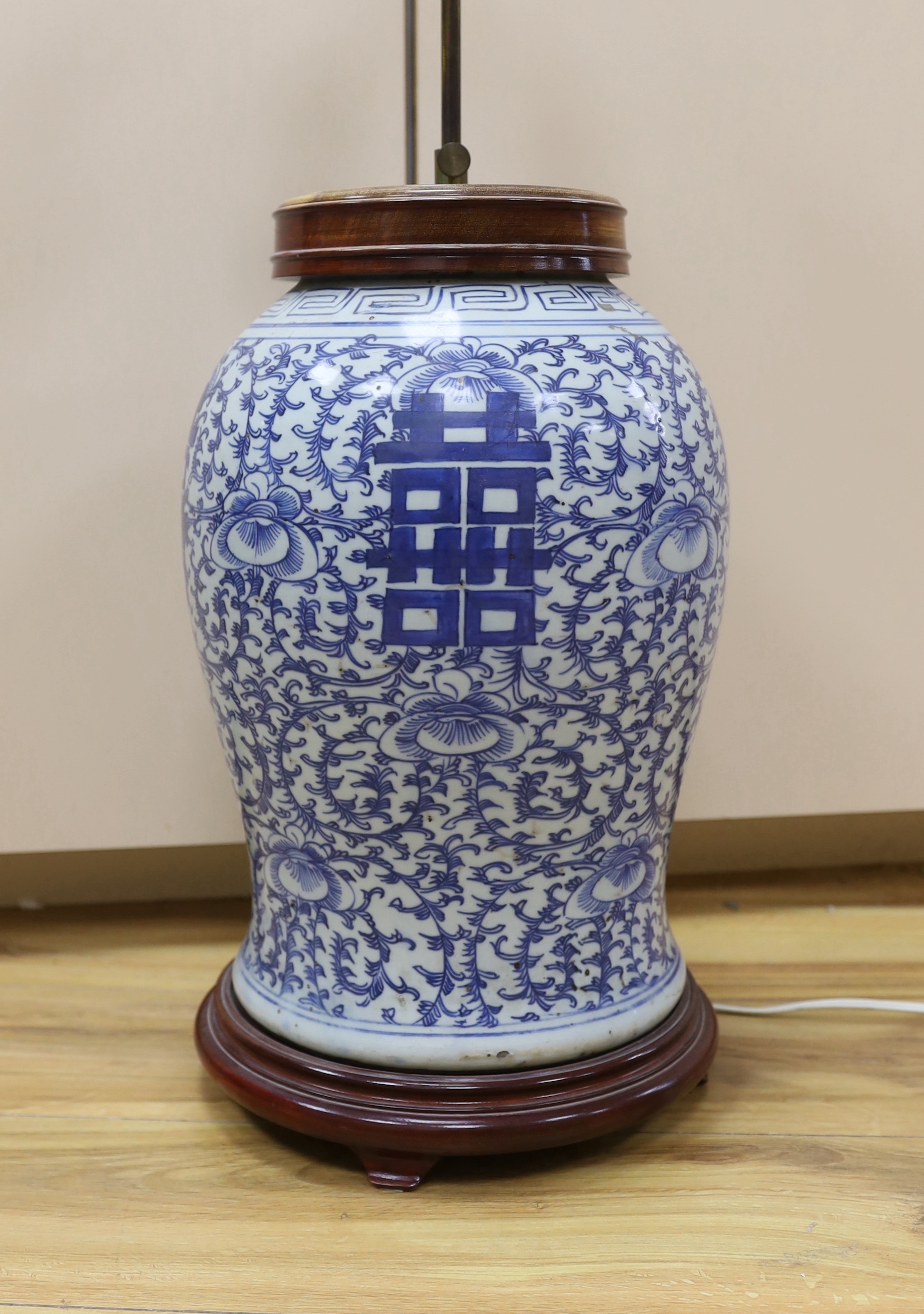 A large Chinese blue and white ‘shuangxi’ vase, now mounted as a lamp, overall 78cm high